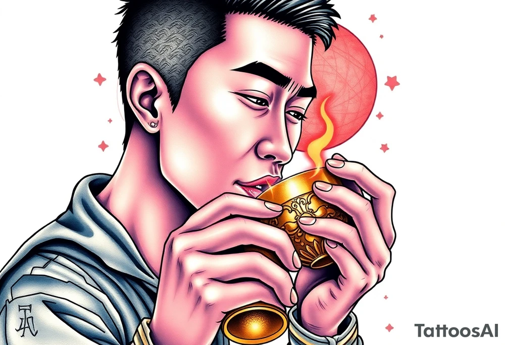 Handsome Asian young guy is drinking from medieval golden cup tattoo idea