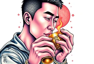 Handsome Asian young guy is drinking from medieval golden cup tattoo idea