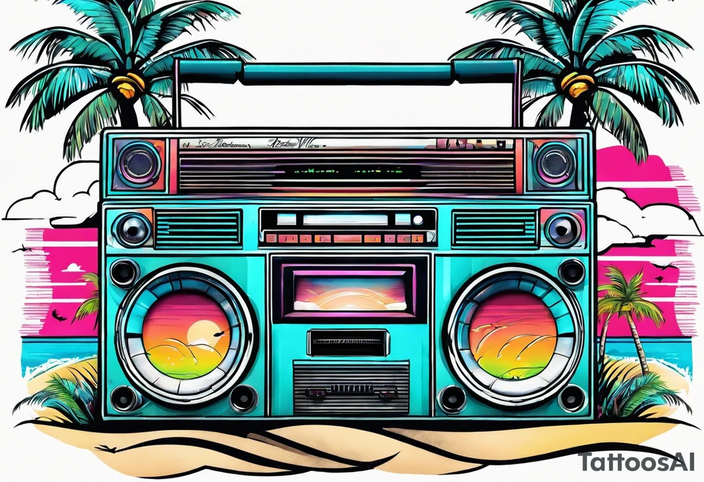 1980'S BOOM BOX MIAMI VICE STYLE, BEACH , PALM TREES, MUSIC NOTES tattoo idea