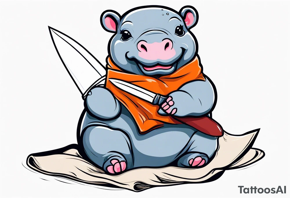 Baby hippo in a swaddle holding a knife in its mouth tattoo idea