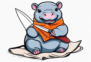Baby hippo in a swaddle holding a knife in its mouth tattoo idea