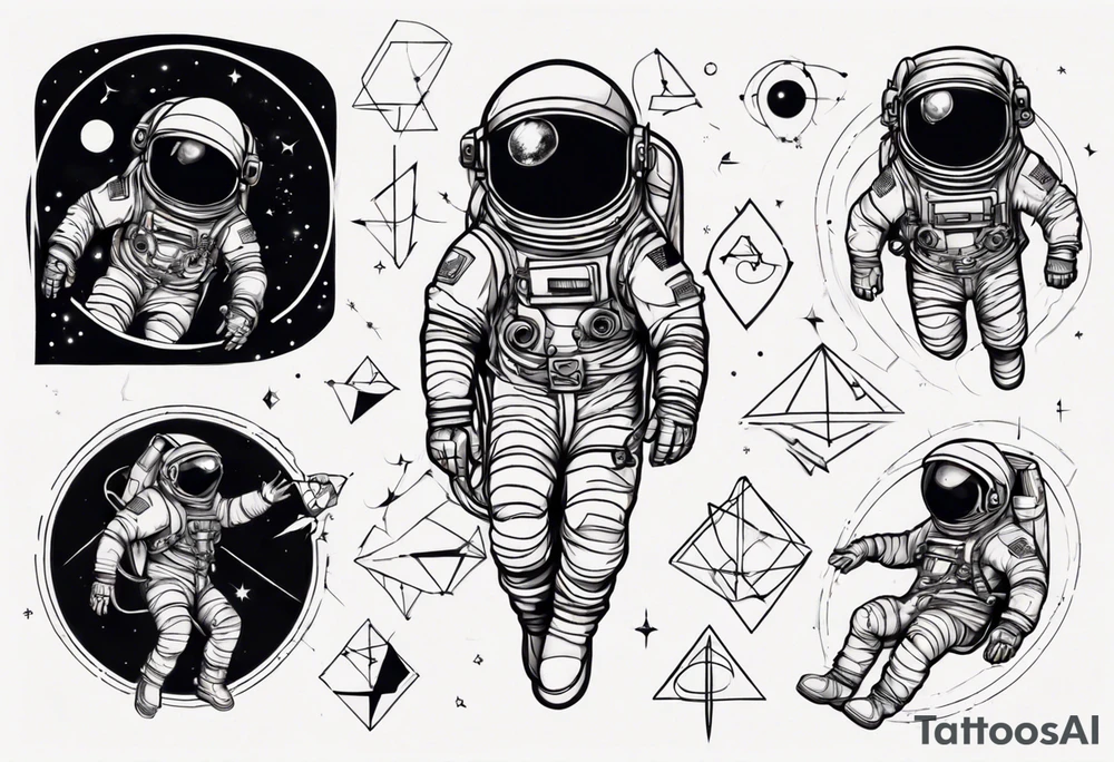 Astronaut floating around geometric lines and shapes tattoo idea