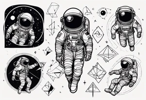 Astronaut floating around geometric lines and shapes tattoo idea
