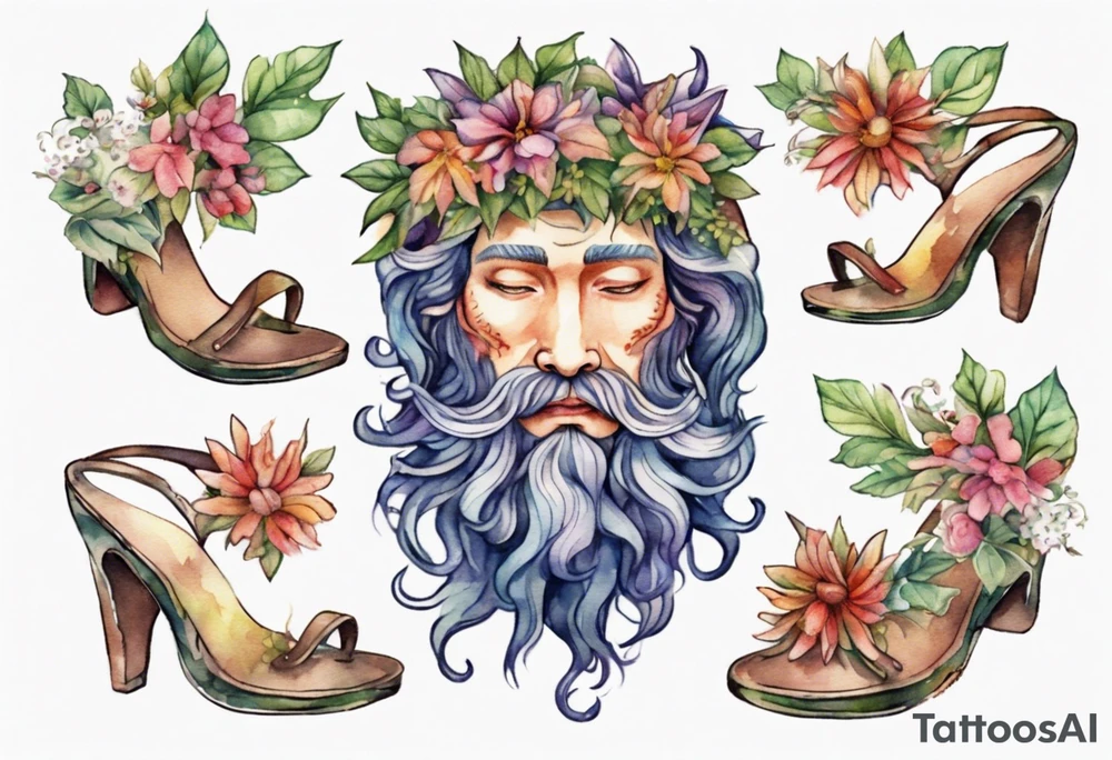 Dionysus covered in flowers and leaves wearing floral slippers tattoo idea