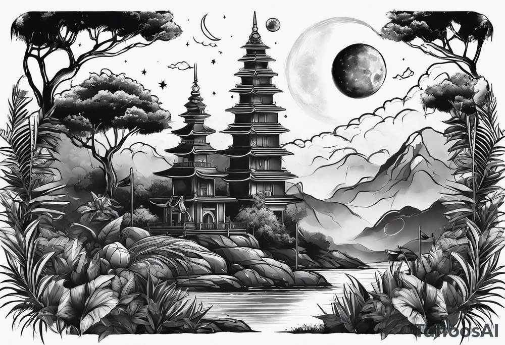 simple jungle, rocket, moon tattoo idea