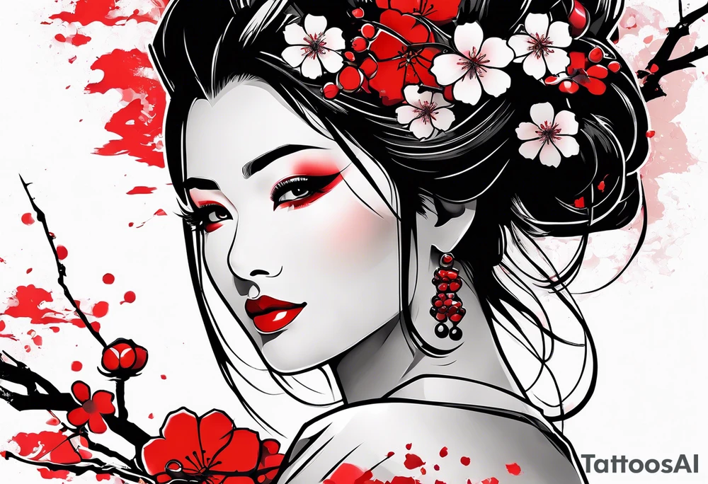 trash polka geisha red sun cherry blossoms tattoo idea