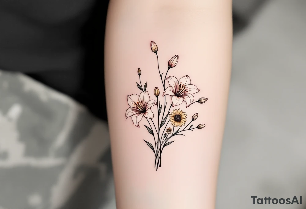 Dainty Stargazer lillies with small sunflowers and tulip buds in a dainty wildflower bouquet with stems tattoo idea