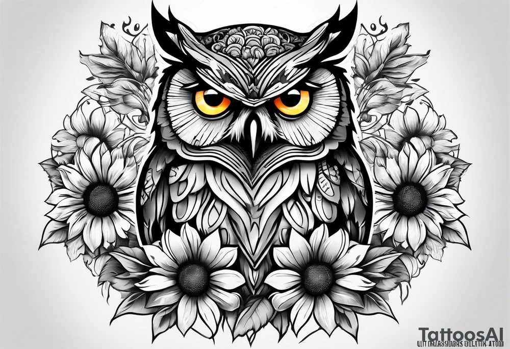 Owl with sunflowers leg sleeve tattoo idea