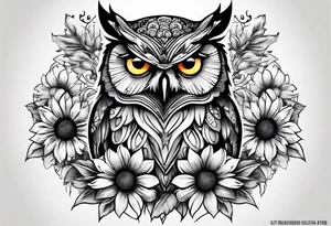Owl with sunflowers leg sleeve tattoo idea