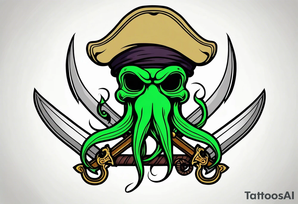 green pirate squid holding sword and anchor tattoo idea