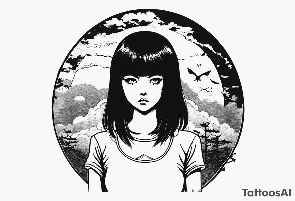 portrait of tomie standing up a character by the horror manga author junji ito full body standing menacingly. add more horror and gore elements tattoo idea