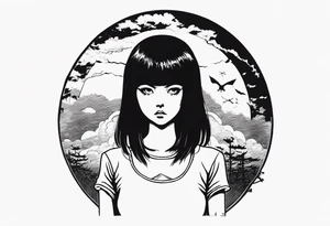 portrait of tomie standing up a character by the horror manga author junji ito full body standing menacingly. add more horror and gore elements tattoo idea