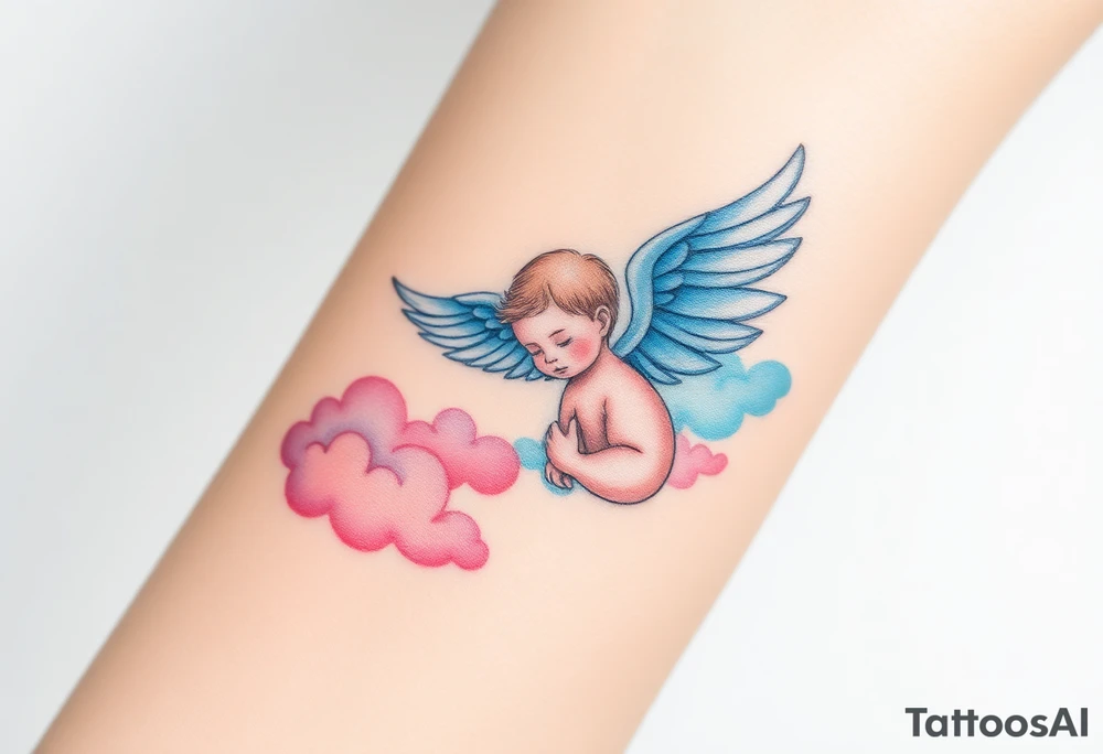 Winged baby, blue and pink watercolor, clouds tattoo idea