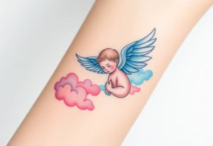 Winged baby, blue and pink watercolor, clouds tattoo idea