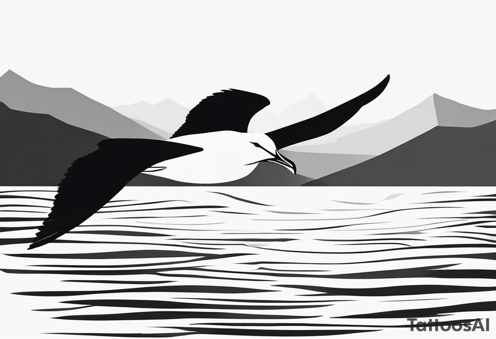 Black and white silhouette illustration of a sleek, minimalist albatross in flight, with a wide wingspan and streamlined body. The bird's silhouette captures its natural grace and power, with clean, flowing lines defining its form. The background features abstract, simplified representations of mountains, trees, and a body of water, all in soft, flowing shapes that enhance the serene, tranquil atmosphere. The overall design uses bold contrasts between the albatross and the background, creating a sleek, modern aesthetic while maintaining a sense of calm and elegance. tattoo idea