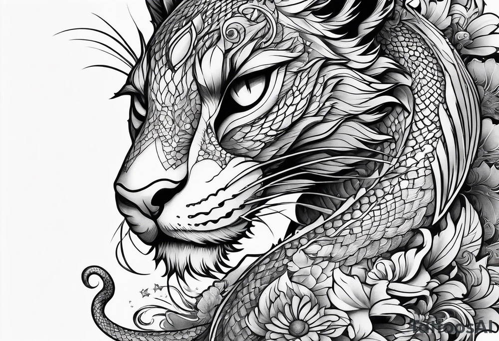 long horizontal tattoo with dragon and a cat tattoo idea