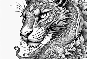 long horizontal tattoo with dragon and a cat tattoo idea