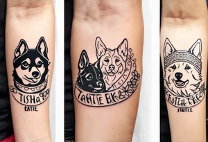 forearm tattoo lettering name of each of my dogs "Tasha Katie Kiera Zeke Pixie Bud Bear" tattoo idea