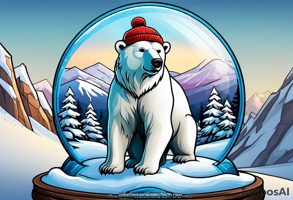 Polar bear with a winter hat and goggles standing in front of a mountain inside a snow globe tattoo idea