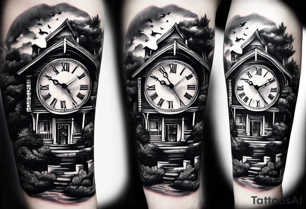 forearm sleeve, clock, house, stairs tattoo idea