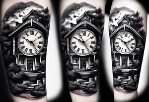 forearm sleeve, clock, house, stairs tattoo idea