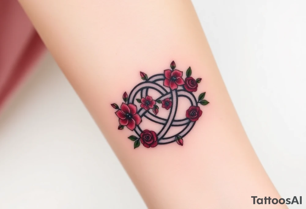 Celtic Trinity knot with a flower crown going through it made out of tiny maroon and blush pink colored roses tattoo idea