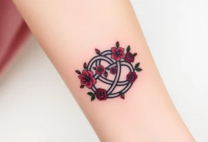 Celtic Trinity knot with a flower crown going through it made out of tiny maroon and blush pink colored roses tattoo idea