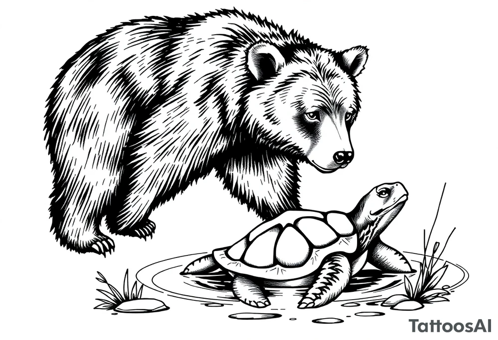 A bear in the Wild with a turtle in a lake tattoo idea