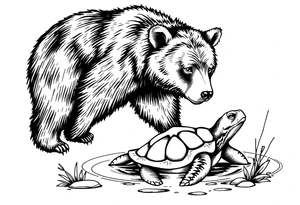 A bear in the Wild with a turtle in a lake tattoo idea