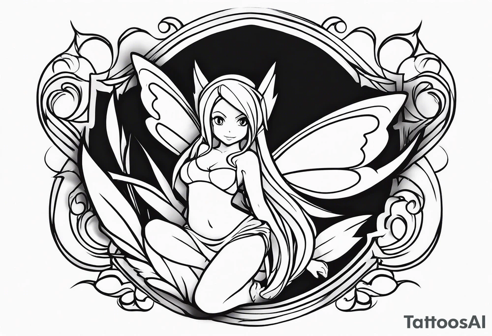 No color fairy with a tail inspired by the logo of the show called Fairy Tail in a fetal position leaning in tattoo idea
