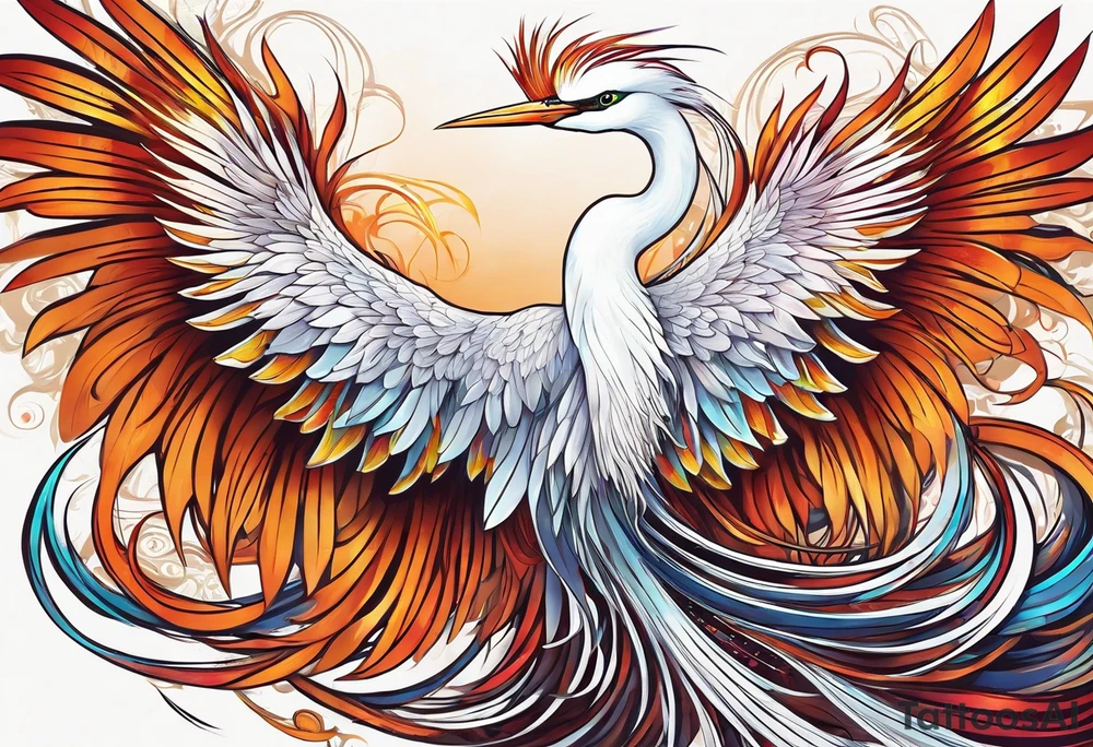 phoenix 
chinese 
egret
long tail 
elegant 
wings down
long neck tattoo idea