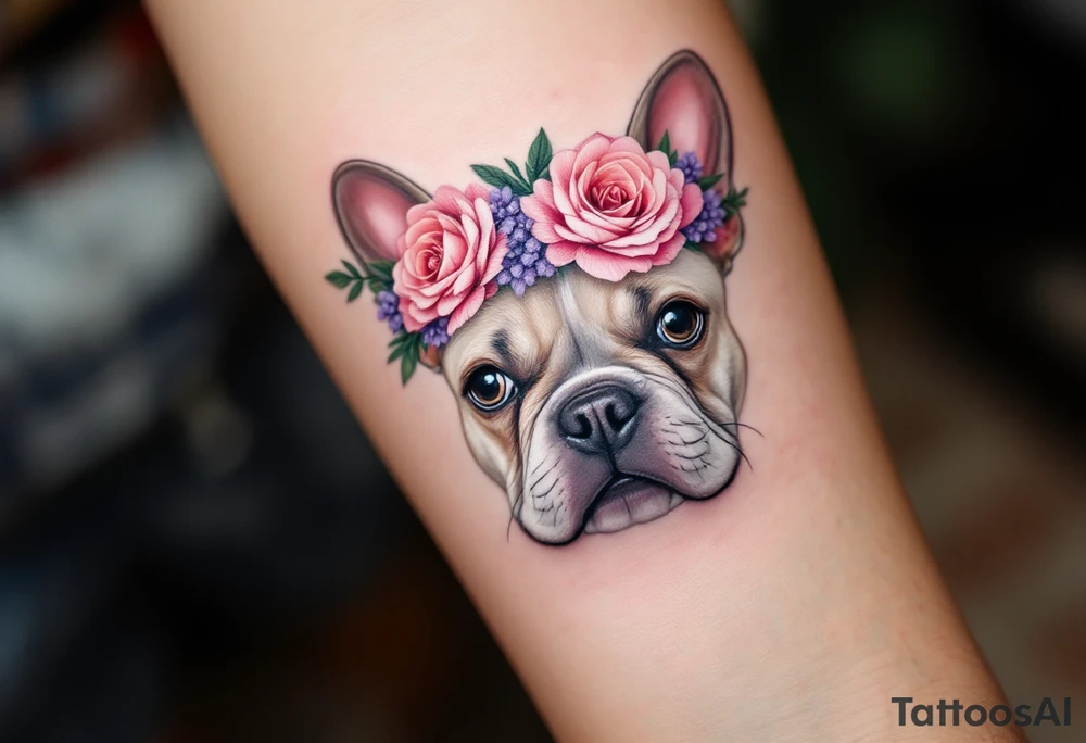 French Bulldog with a flower crown, made of soft pink roses and lavender, on a white and light tan dog with delicate dot shading. tattoo idea
