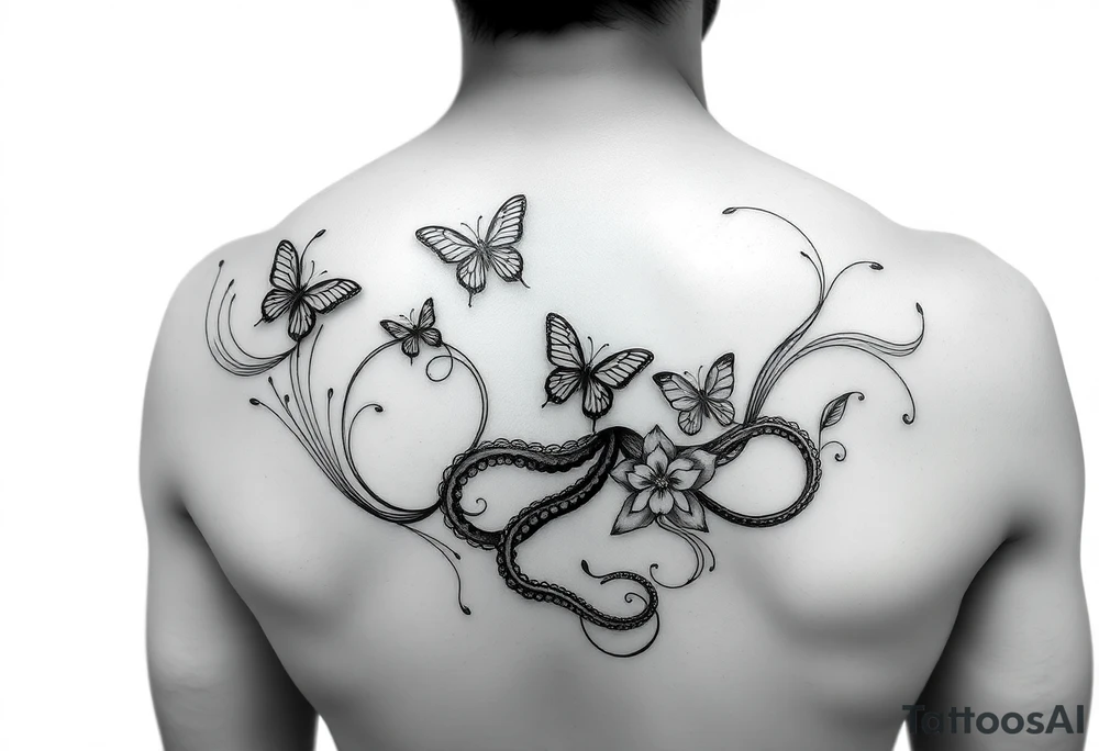 abstract tattoo design, flowing black fine lines, elegant minimalistic linework, psychedelic swirls like gasoline or oil floating on water, iridescent texture implied but in pure black ink, delicate organic curves, vapor-like trails, non-literal and surreal, suggestion of an octopus hidden in fluid tentacle-like lines, not a real octopus, just subtle illusion, abstract marine motion, with minimalist butterflies and flowers seamlessly integrated into the flowing pattern, modern feminine tattoo style, graceful and airy, inspired by Pis Saro and Balazs Bercsenyi, hint of nature and ocean depth, hypnotic and dreamlike, ink diffusion aesthetics, no solid fills, ethereal line-only design tattoo idea