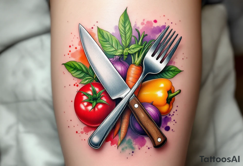 A realistic kitchen tattoo design showing a stainless steel chef’s knife with a brown wooden handle crossed over a silver fork and spoon, surrounded by fresh vegetables: a bright red tomato, an orange carrot with green leaves, a purple onion, green basil leaves, and a yellow bell pepper — all arranged in a circular layout with soft watercolor splashes in red, green, orange, and violet behind them. tattoo idea