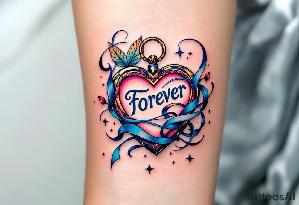 "Forever" written in blue ribbon script, swirling around a heart-shaped locket. tattoo idea