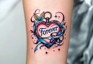 "Forever" written in blue ribbon script, swirling around a heart-shaped locket. tattoo idea
