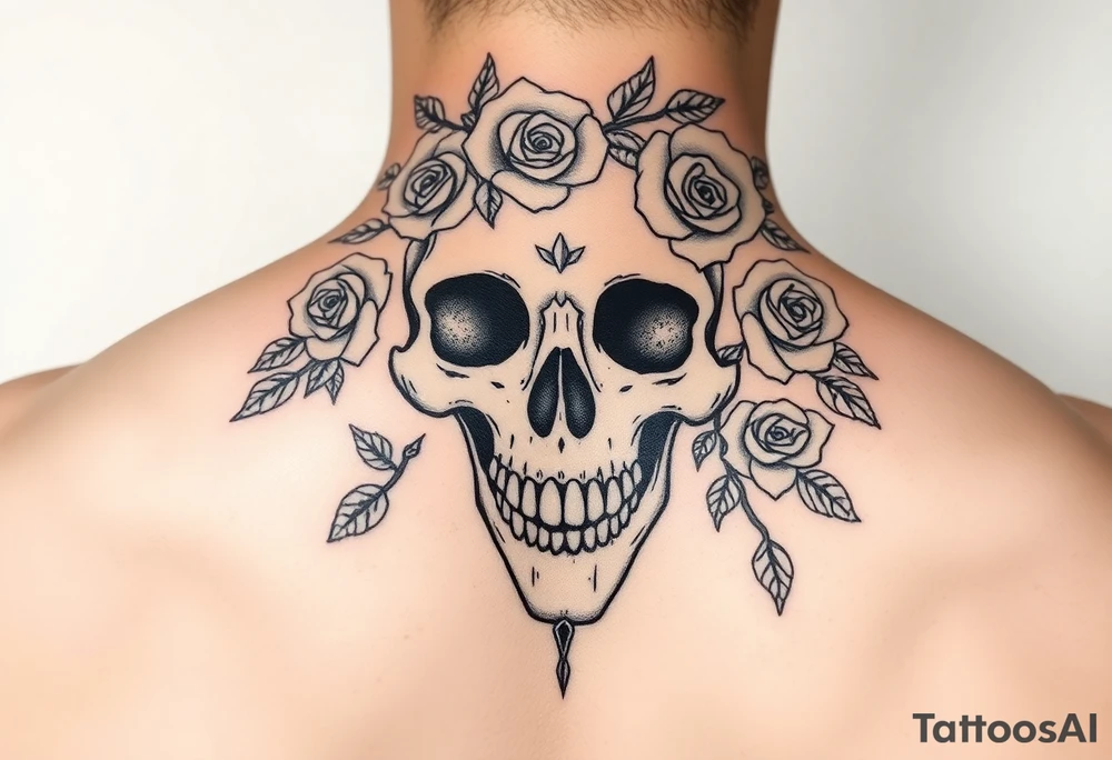 ornate skull adorned with crown of wild roses and thorns tattoo idea
