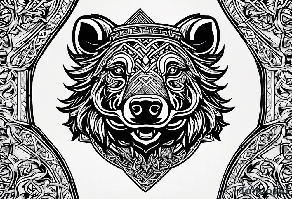 A classic tribal Celtic boar Integrated with a Chatwin, family crest and a Thistle. Simple with few lines. Blue and gold Chevron Chatwin family crest With the name, Chatwin and a Thistle tattoo idea