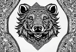 A classic tribal Celtic boar Integrated with a Chatwin, family crest and a Thistle. Simple with few lines. Blue and gold Chevron Chatwin family crest With the name, Chatwin and a Thistle tattoo idea