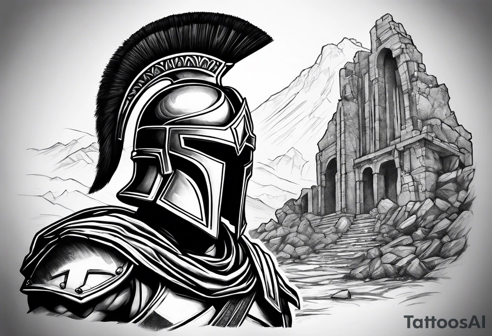 close up of spartan solider looking at distant ruins tattoo idea