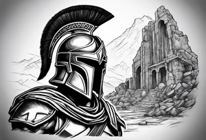 close up of spartan solider looking at distant ruins tattoo idea