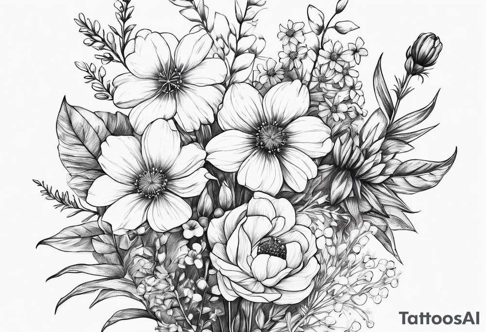 small long stem wildflower bouquet across fott tattoo idea