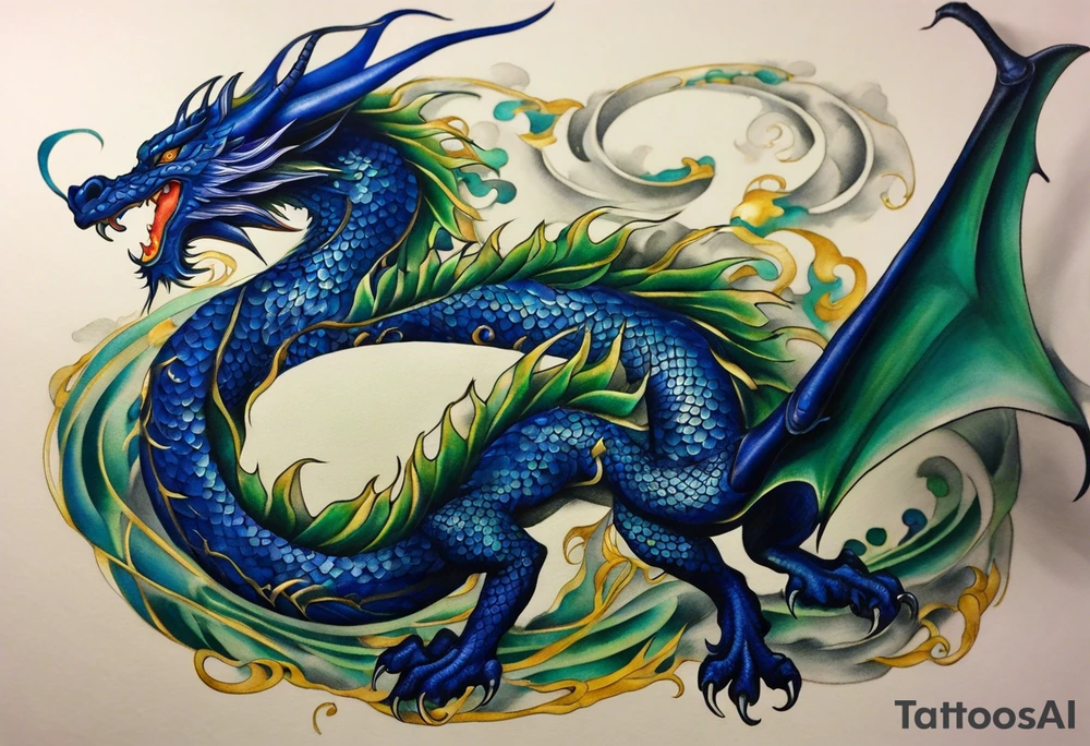 Micro realist Tattoo: An epic with no wings floating. Its body coiling dynamically, with scales and horns detailed to create a sense of movement and strength. The dragon's main color is dark blue but features accents in green, blue, and gold, giving a vibrant depth and a mystical aura. This tattoo highlights the dragon’s fierce expression and sharp claws as it wraps protectively around the leg. Style: Micro-realism tattoo idea