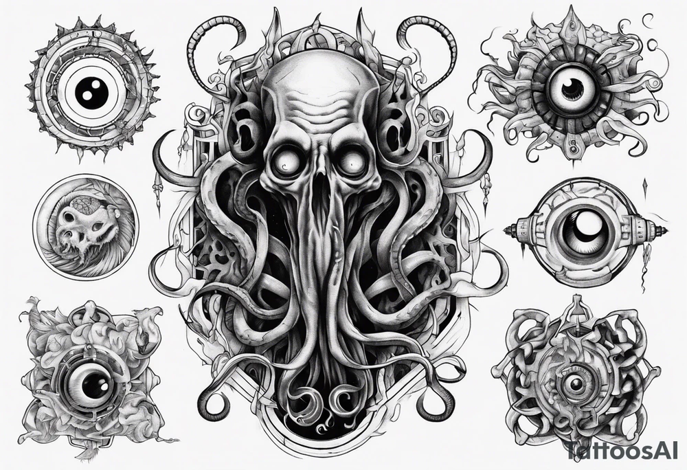 lovecraft long tattoo to put on the forearm, with eye and tentacle tattoo idea