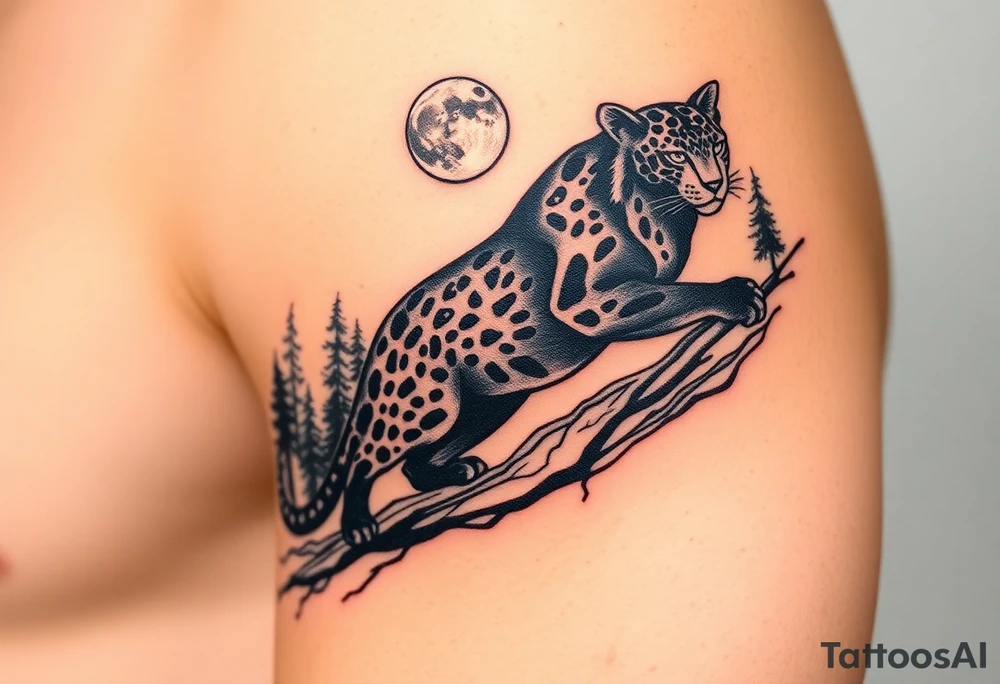 Black leopard in the woods with moon in sky tattoo idea