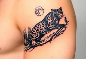 Black leopard in the woods with moon in sky tattoo idea
