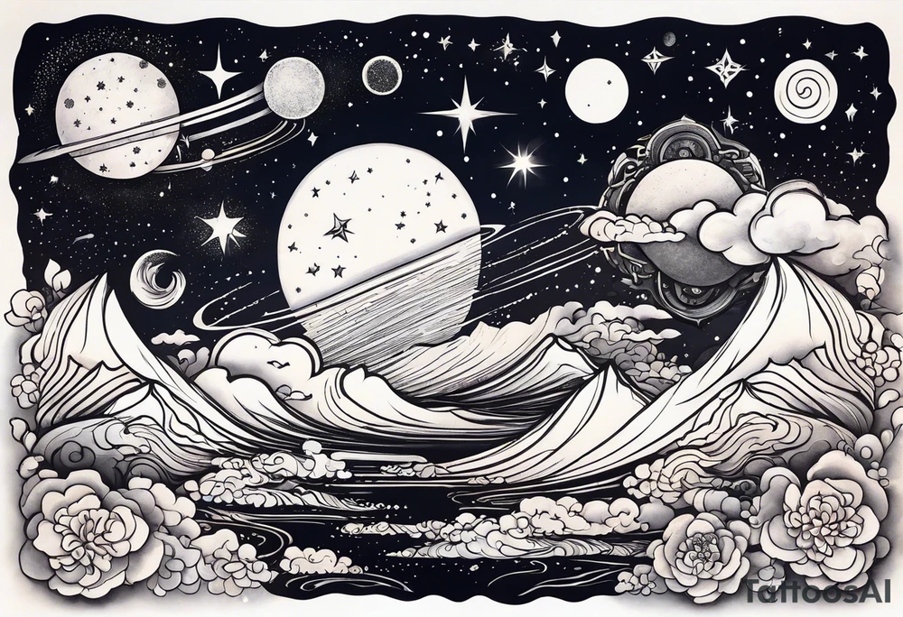 Celestial Galaxy scene with beautiful details of gas stars and space tattoo idea