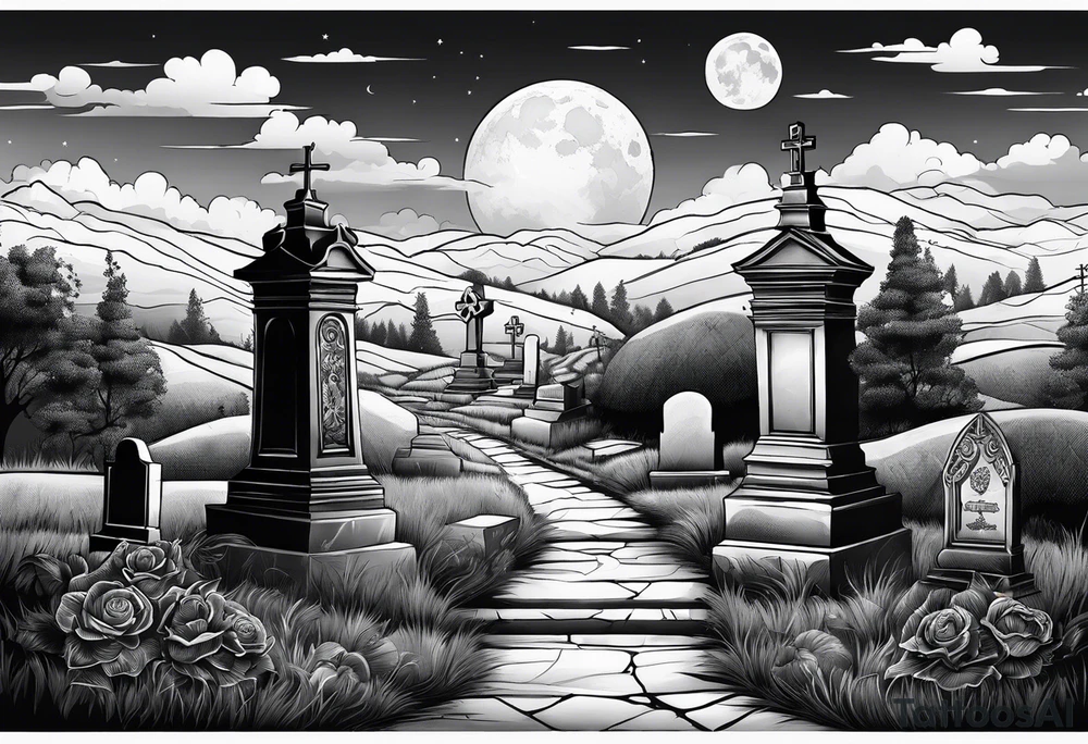 Cemetery on hills with smoke and moon tattoo idea