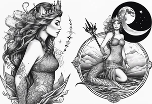 Full Mermaid with trident and crown, sea turtle, compass, cresent moon tattoo idea