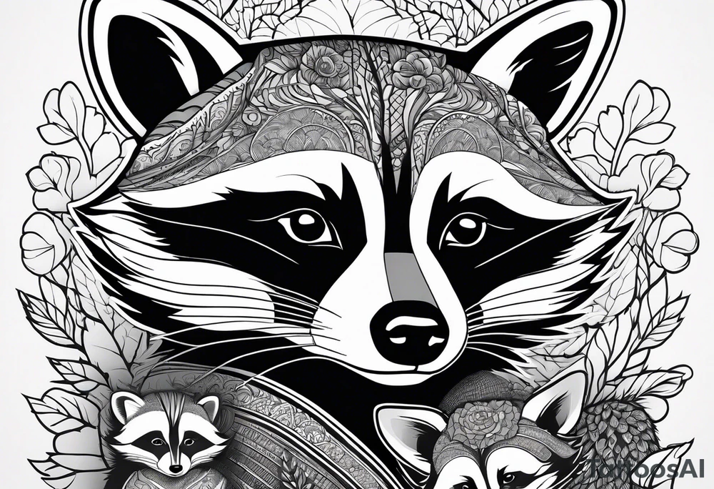 Very detailed Raccoon Husband with wife and child.
Background modern House between woods tattoo idea